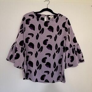 Tyler‎ Boe Leopard Knit Top L Bell Sleeve Preppy Lavender Purple Black Colorful